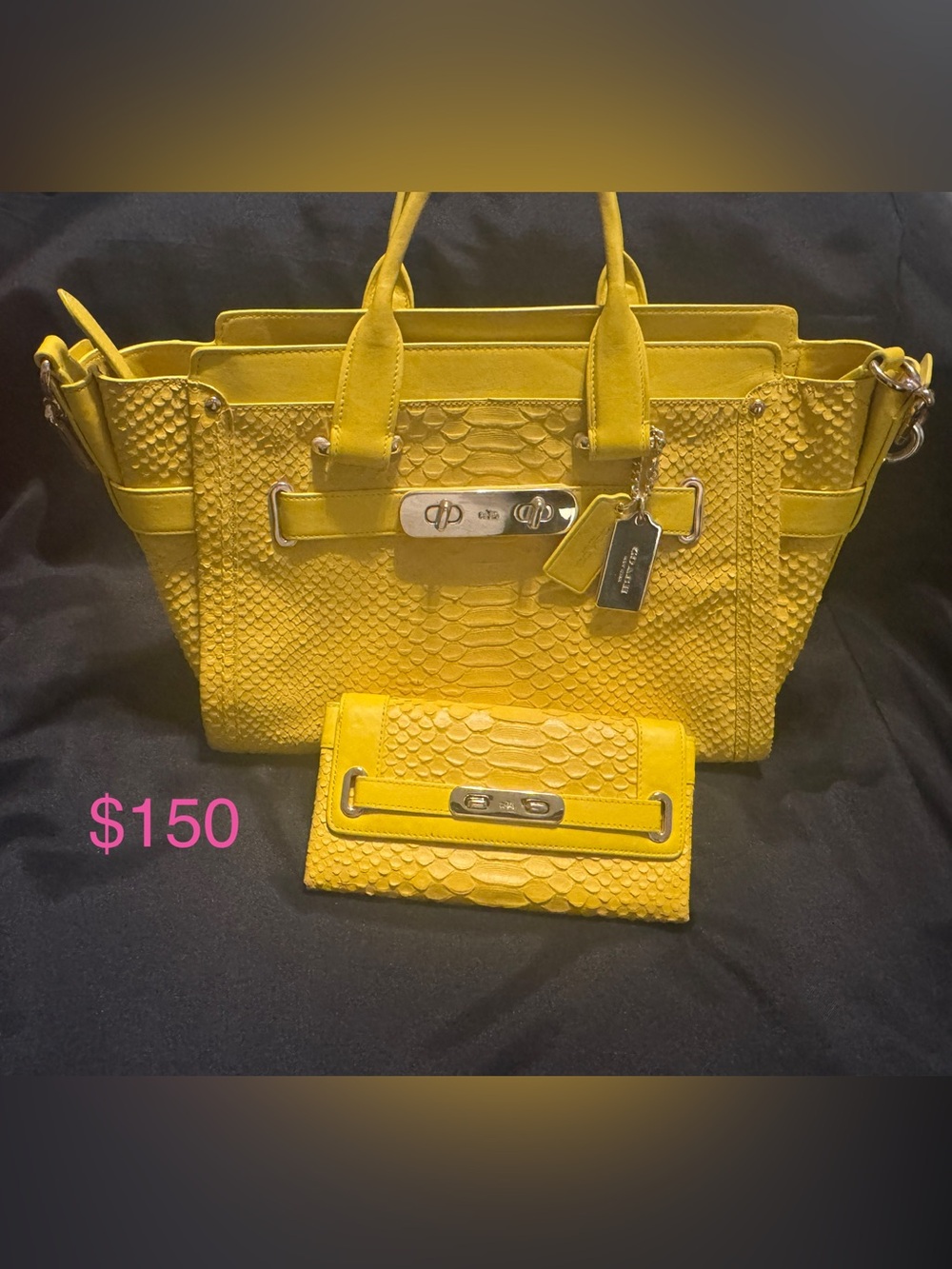 Coach Yellow Embossed Leather Tote with Matching Wallet Set